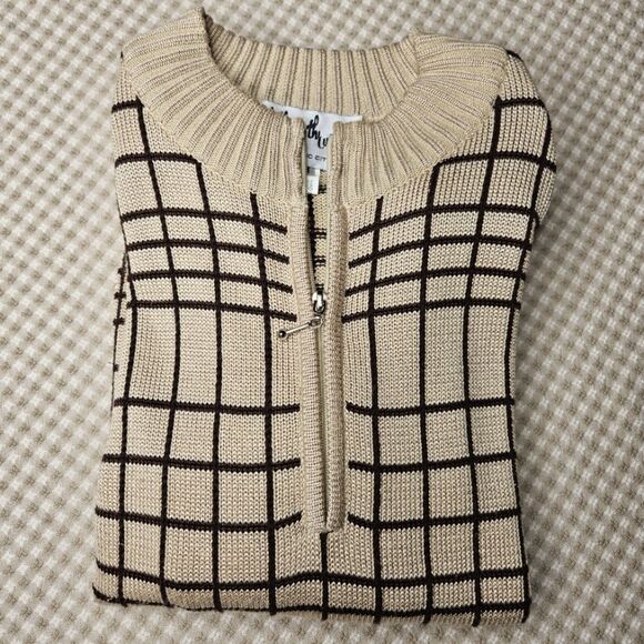 Talk of the Walk Atlantic City 80s Quarter Zip Camel Brown Plaid Knit Sweater - Picture 5 of 12